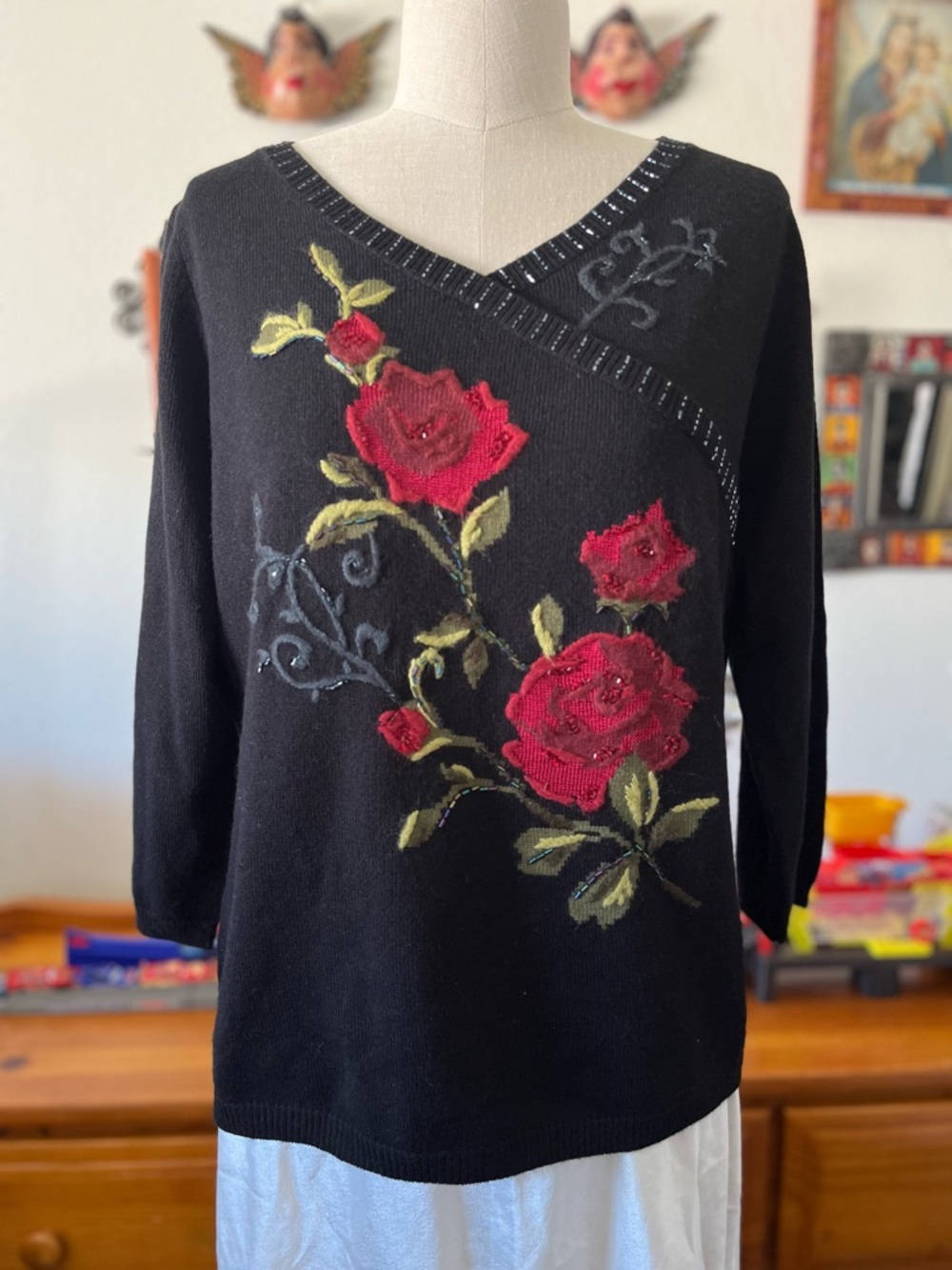 Women's Black V-Neck Sweater with Red Rose Beaded Embellishment